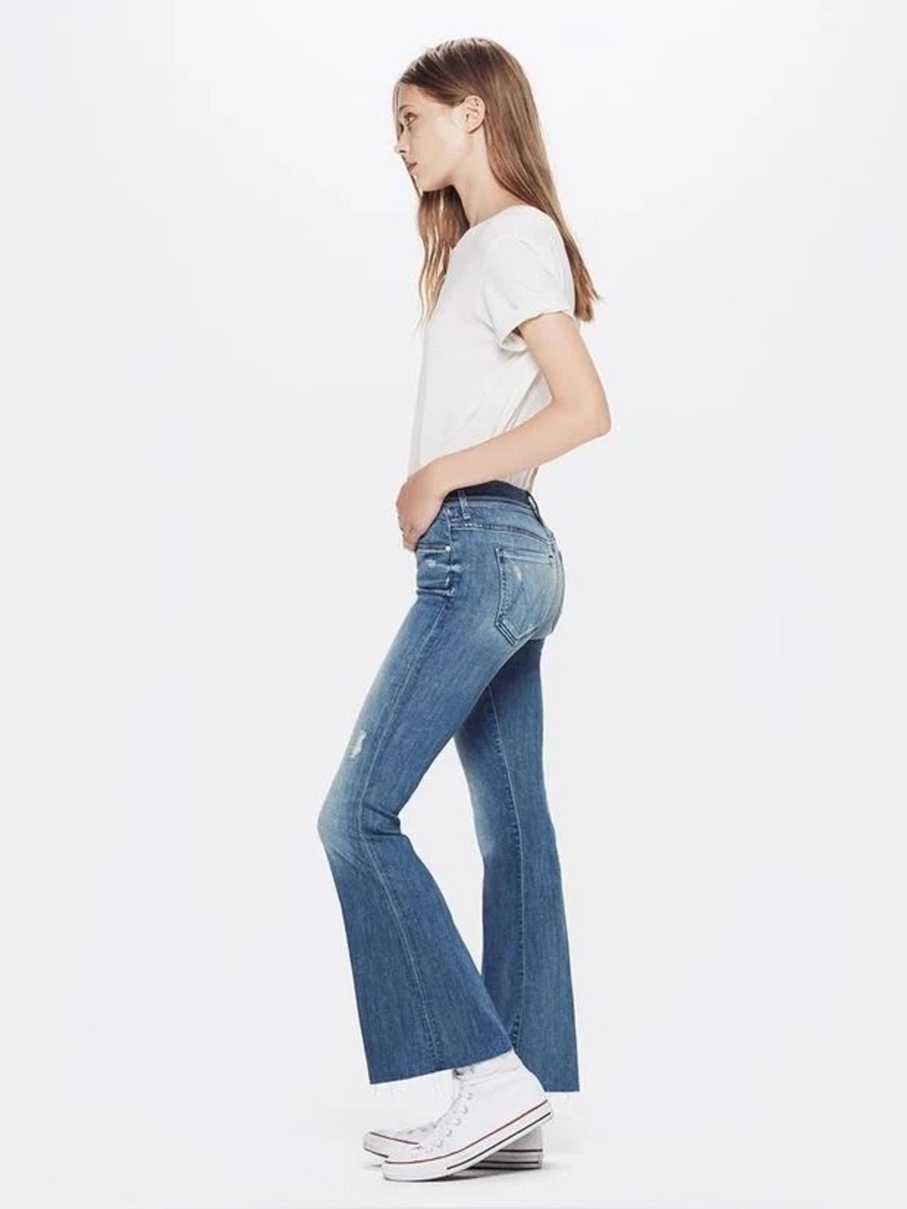 MOTHER The Weekender Fray Graffiti Girl Flare Jeans Size 29 Distressed Denim